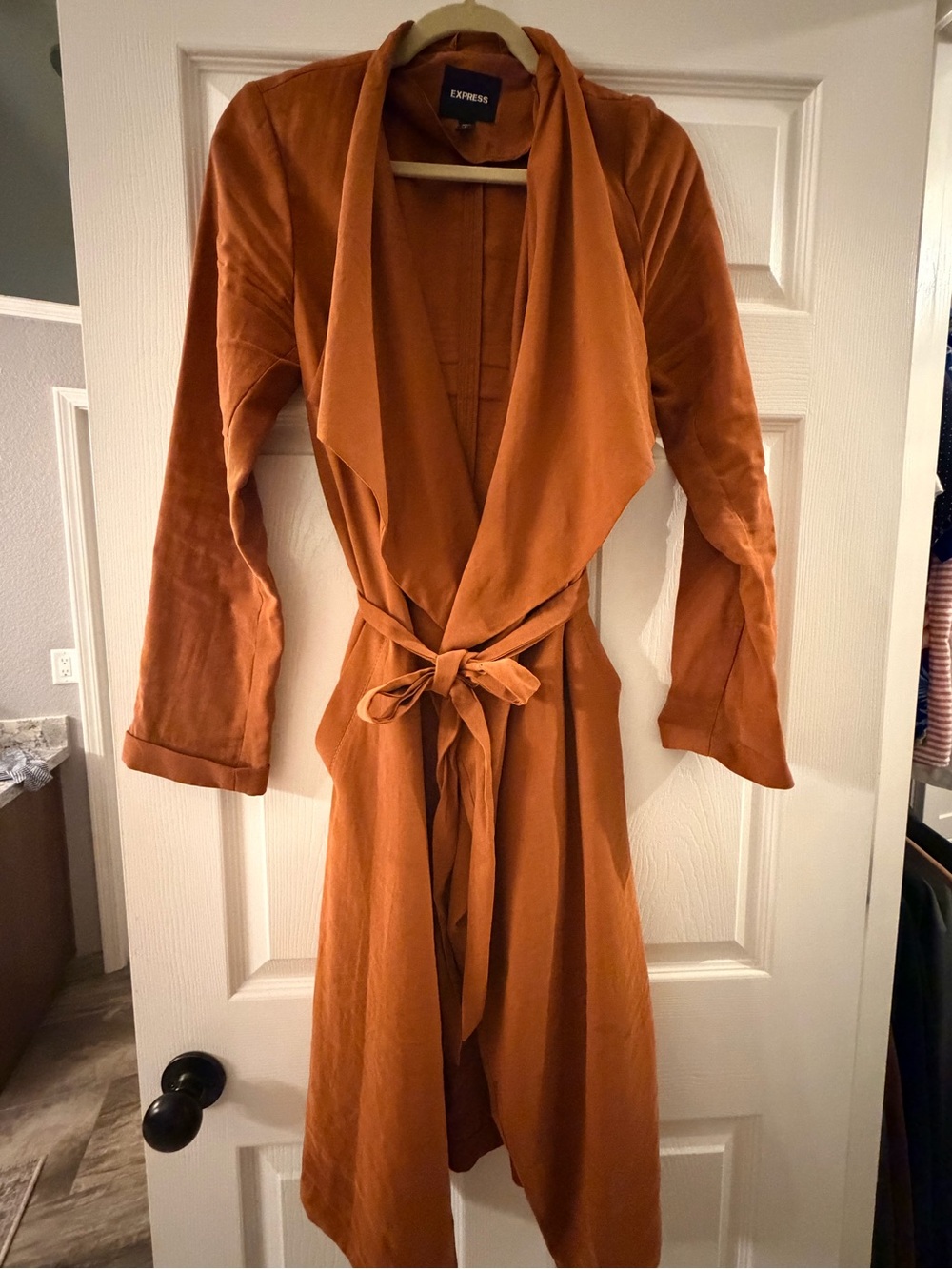 Express Rust Orange Draped Light Weight Wrap Trench with Tie Belt